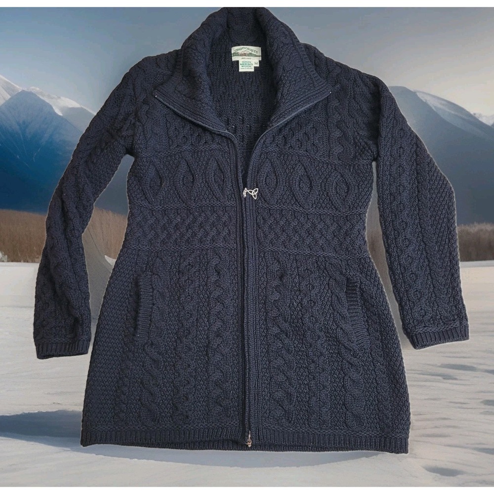 🐑Aran Crafts Merino Wool Zip Cardigan Womens M Fisherman Heavy Cable Ireland